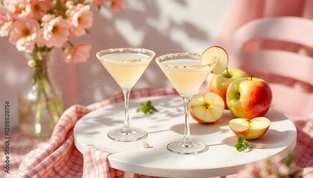 Two glasses of apple cider beside fresh apples on a table, embodying the essence of spring cocktails Two glasses of apple cider beside fresh apples on a table, embodying the essence of spring cocktails
