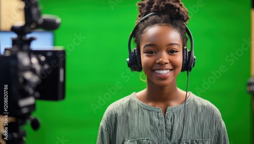 Smiling Teenager Filming a Video in a Studio with a Green Screen