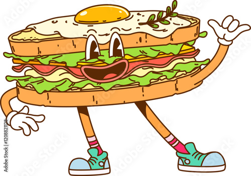 Groovy retro cartoon hippie sandwich character or funny fast food, vector personage. Groovy breakfast sandwich with happy smile on funny face, egg and bacon with cheese for fast food character