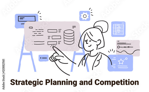 Strategic planning concept woman pointing at data charts and diagrams on screens minimalist sketch style business analysis