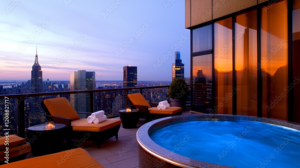 Obraz premium Rooftop hot tub with city skyline at sunset.
