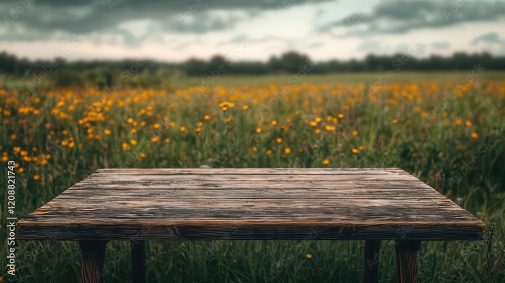 Naklejka premium Rustic table in an open field, bold grain detail, blurred wildflowers surrounding it