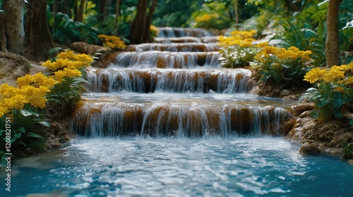 Tropical garden waterfall flows, lush plants