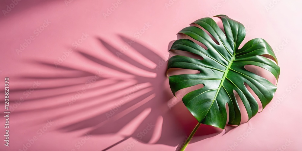Obraz premium Tropical monstera leaf on pink background with shadows, minimalist nature concept, monstera, leaf, tropical, pink, background