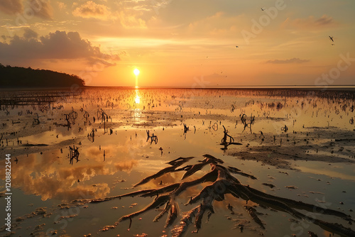 Golden Serenity: A Sunset Over Expansive Mudflats with Mangroves and Bird Silhouettes photo