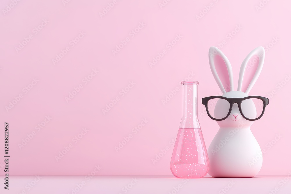 Playful rabbit with glasses beside a lab flask, set against a pink background. Playful rabbit with glasses beside a lab flask, set against a pink background.