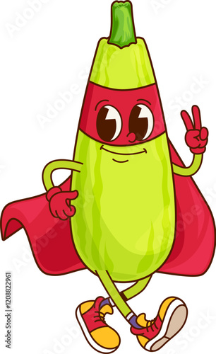 Groovy squash superhero vegetable character. Isolated cartoon vector funny veggie in red defender cloak and mask flashing peace sign. Fairytale or comics book healthy vitamin food retro personage