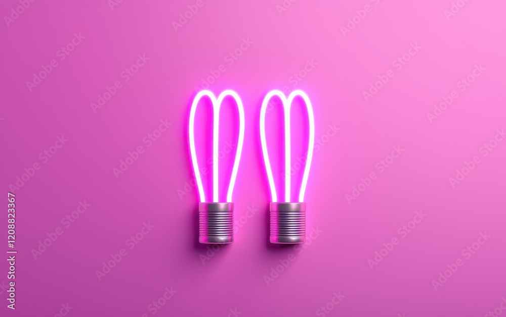 Two heart-shaped neon light bulbs glowing in vibrant pink against a bright background. Two heart-shaped neon light bulbs glowing in vibrant pink against a bright background.