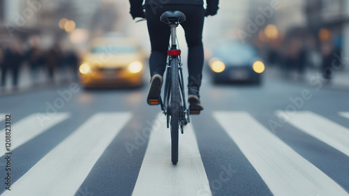 cyclist rides on zebra crossing in city traffic