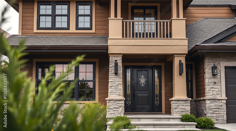Fototapeta premium Luxury House Exterior: Modern Home Design with Stone Facade and Elegant Entrance. Discover the architectural details of this stunning residential property.