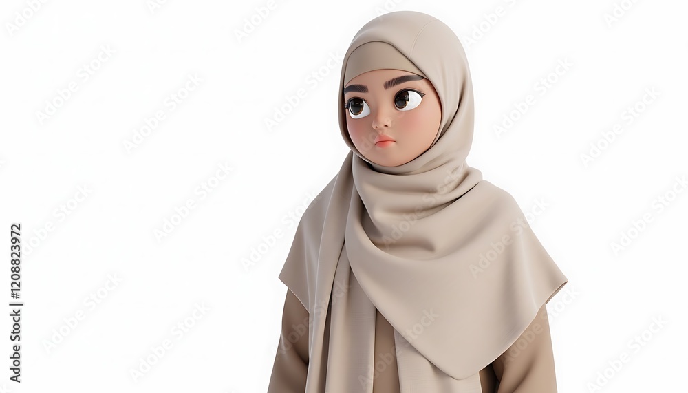 Elegant Cartoon Girl in Beige Hijab: A Serene 3D Illustration Elegant Cartoon Girl in Beige Hijab: A Serene 3D Illustration