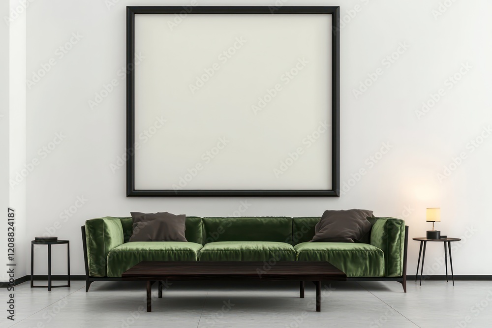 Bold green sofa with blank frame creates inviting appeal in modern neutral space. Bold green sofa with blank frame creates inviting appeal in modern neutral space.