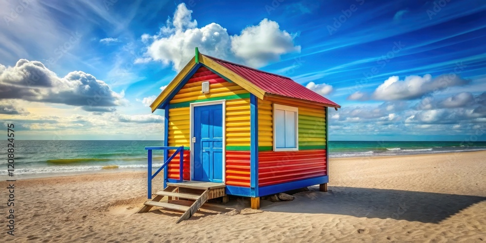 Fototapeta premium Cozy beach hut on sandy shore with colorful decor , seaside, vacation, travel, relaxation, getaway, summer, hut, beachscape