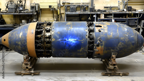 A hydrogen bomb with a complex geometric shape, glowing blue light running through its core, suspended in mid-air in a high-tech lab devoid of human figures  photo