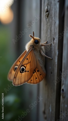 Wallpaper Mural Orange Moth with Eye Spots Resting on a Wooden Post, Evening Scene Torontodigital.ca