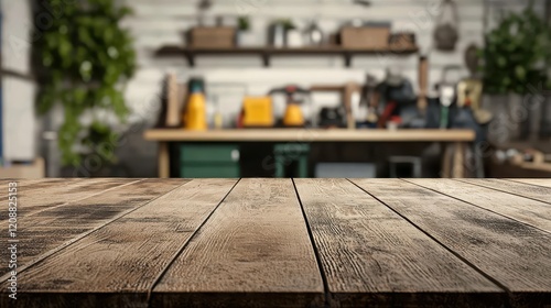 Artisancrafted table with prominent grain, blurred workshop tools, artisanal dedication photo