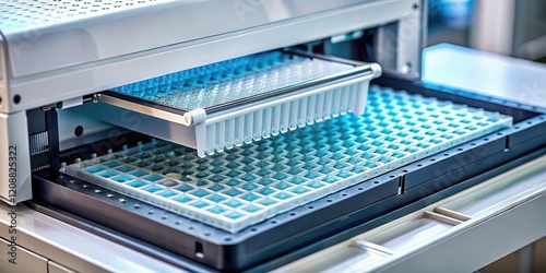 Close up of a 96 well plate being read by an automatic plate reader, automatic plate reader, laboratory, research, technology