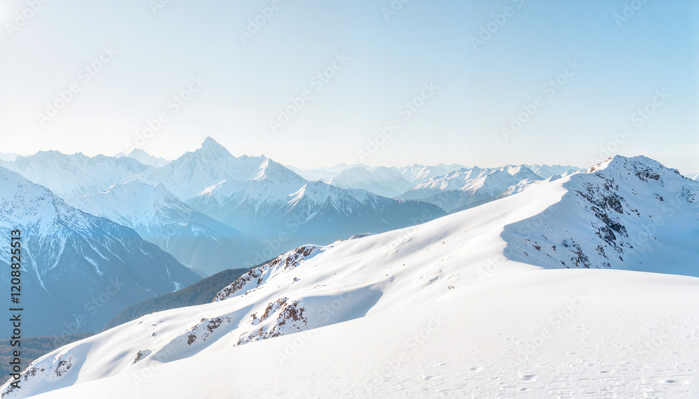 Fototapeta premium Driving through snowy mountains under clear sky, winter adventure