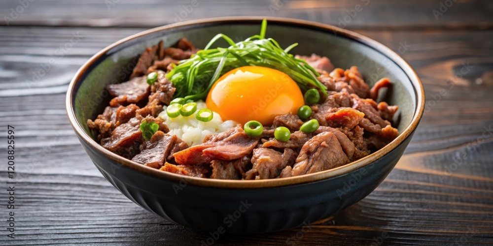 Gyudon rice bowl with thinly sliced beef, vegetables, and a raw egg yolk on top, gyudon Gyudon rice bowl with thinly sliced beef, vegetables, and a raw egg yolk on top, gyudon