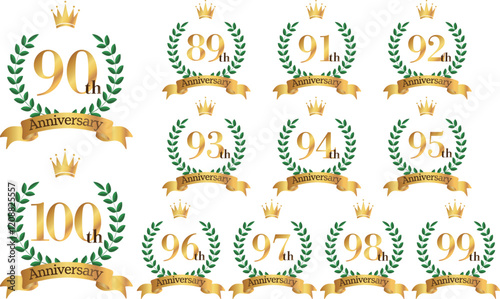 89～100周年イラスト　月桂樹の葉と王冠とリボンのマーク　アイコンセット