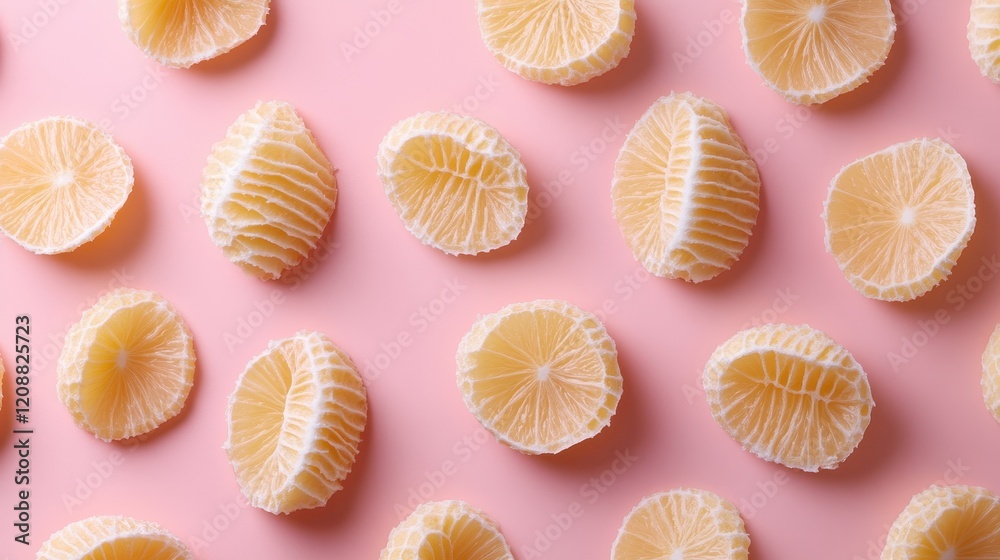 Pink background with many peeled mandarin orange slices arranged in a pattern. Perfect for food blogs, healthy eating, or citrus-themed projects. Pink background with many peeled mandarin orange slices arranged in a pattern. Perfect for food blogs, healthy eating, or citrus-themed projects.