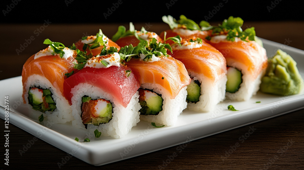 Sushi platter with variety of rolls and garnishes on white plate