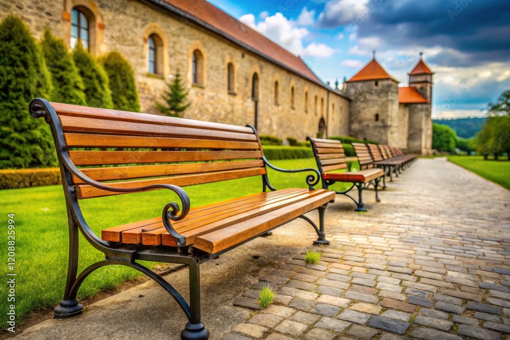 Deep depth of field captures monastery's tranquil iron and wooden benches.