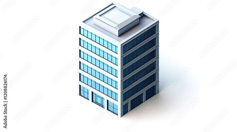 Isometric view of a modern multi-story office building with blue windows and a flat roof. Isometric view of a modern multi-story office building with blue windows and a flat roof.