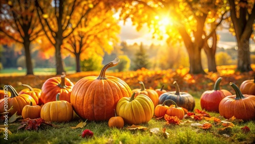 Deep focus captures autumn's harvest; rustic pumpkins bask in fall's golden light.