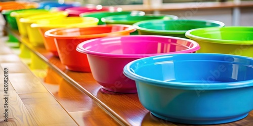 Colorful plastic basins lined up on the edge of a table , plastic, basins, colorful, edge, table, first floor