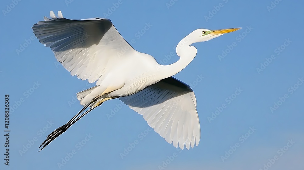 Great egret in flight against a clear blue sky. Great egret in flight against a clear blue sky.