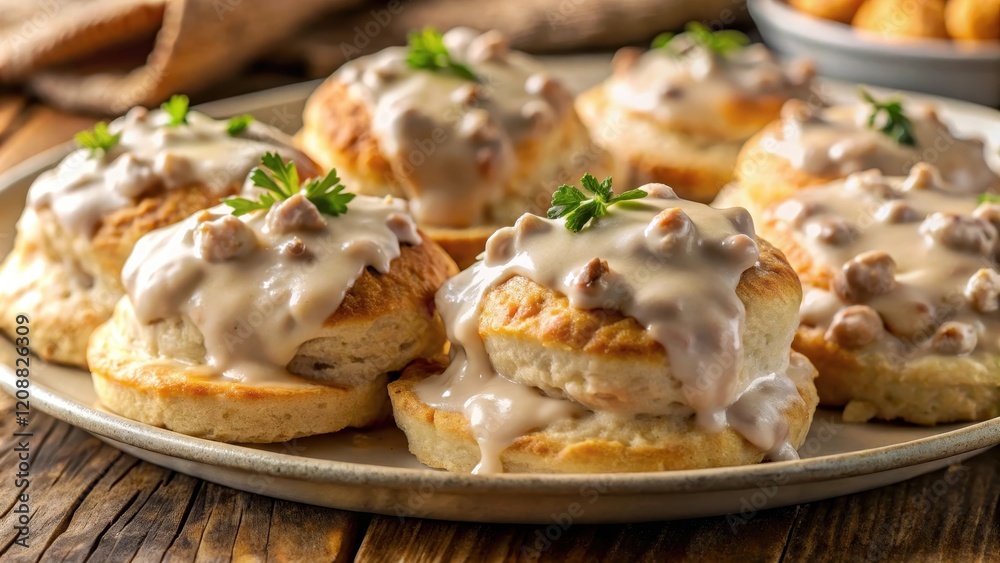 A close-up photo of freshly baked biscuits smothered in creamy sausage gravy, biscuits, gravy, breakfast, southern A close-up photo of freshly baked biscuits smothered in creamy sausage gravy, biscuits, gravy, breakfast, southern