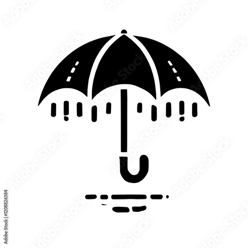 Umbrella Protection: Simple yet powerful black silhouette illustration of an umbrella, its canopy sheltering from falling rain. Ideal for insurance, protection, safety, security.