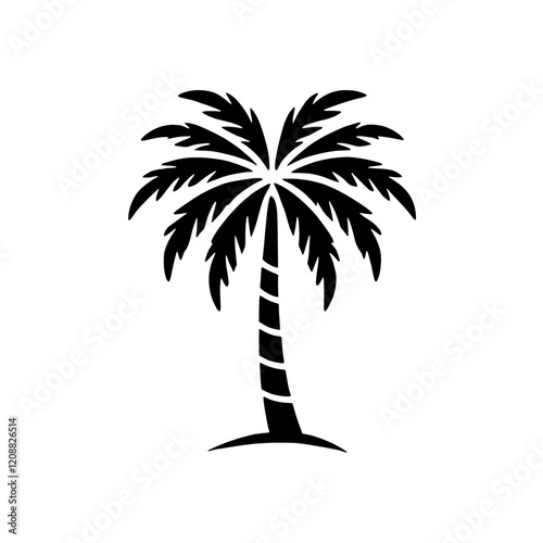 Palm Tree Silhouette: A stylized black silhouette of a majestic palm tree, evoking feelings of tropical getaways and summer vacations. Perfect for travel brochures, websites.