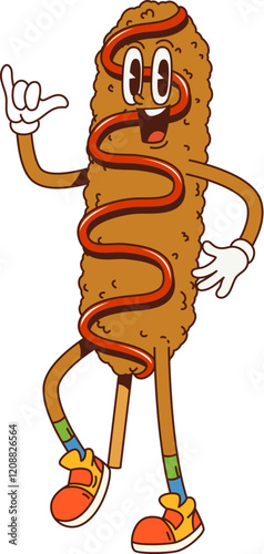 Cartoon groovy corndog Korean cuisine food character. Vector funny hotdog or corn dog, street junk food retro personage flashing shaka gesture. Take away meal with sausage on stick and funky vibe