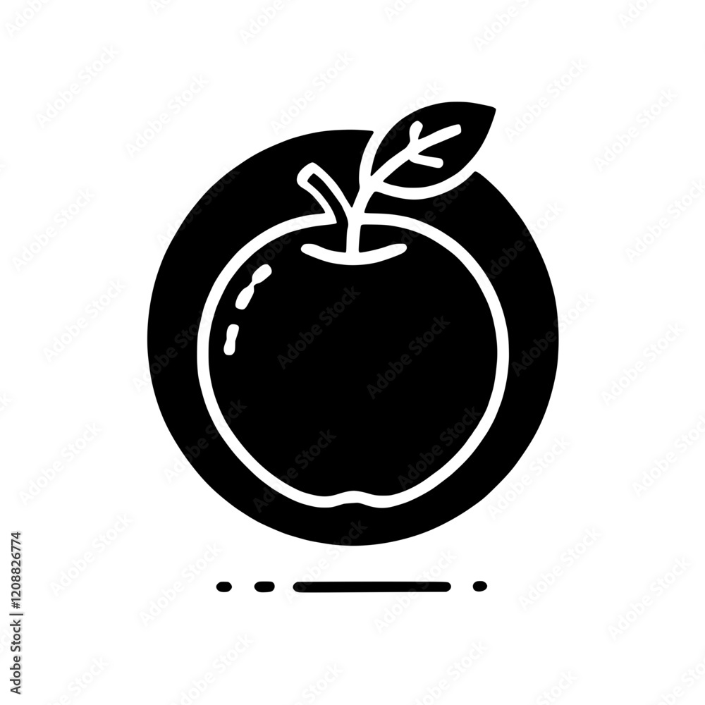Obraz premium Apple Icon: A simple yet elegant black and white illustration of an apple with a leaf, presented within a circular frame, perfect for clean and modern designs. 