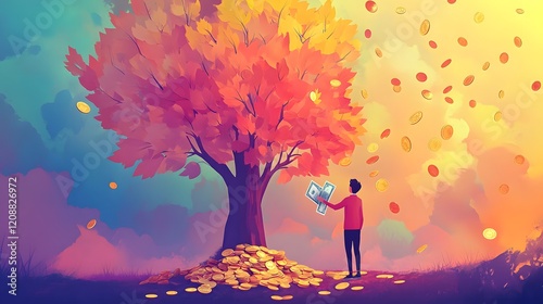 Person Stands Beneath A Money Tree With Falling Coins