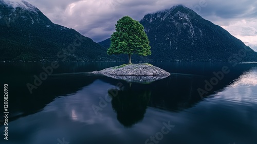 Serene Lake  Solitary Tree  Mountain Reflections  Peaceful Nature Scene photo