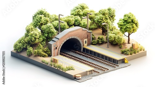 Fototapeta Naklejka Na Ścianę i Meble -  Low-poly 3D model of a train station nestled in a lush green park.
