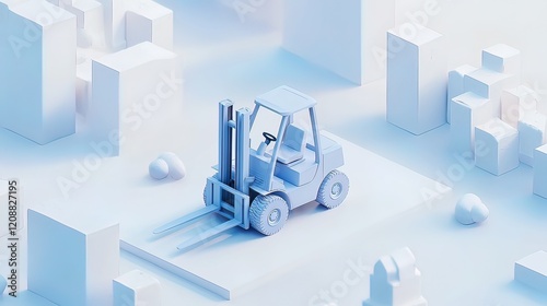 Low-poly 3D render of a forklift in a minimalist city scene.