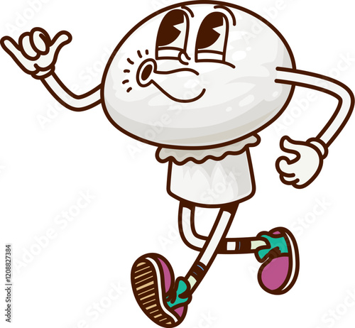 Groovy mushroom cartoon character on sport jogging or fitness run, vector retro comic. Groovy champignon mushroom vegetable whistling with happy face on marathon running in sport or fitness shoes