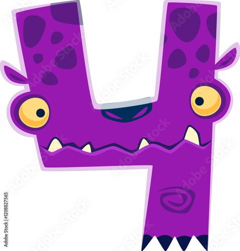Halloween font digit 4 four bizarre monster character. Spooky alien monster personage typeset numeral symbol. Crazy beast vector typeface figure or silly fantasy creature character font digit