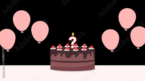 Animated illustration of a chocolate birthday cake with question mark candles, cherries and pink balloons on a transparent background. Perfect for a surprise birthday theme or mystery coming of age
