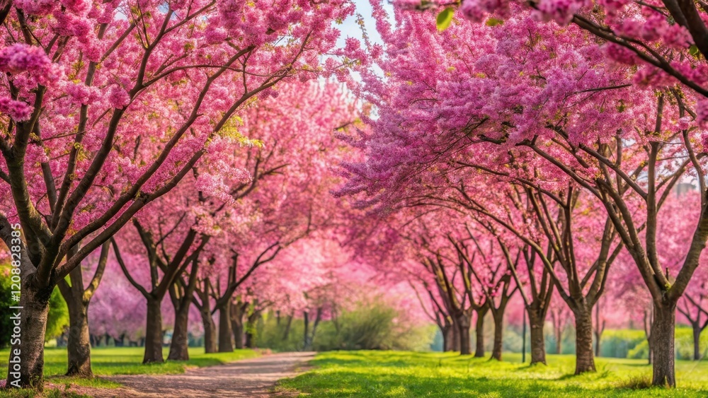 Pink flowering trees in full blossom with vibrant green leaves during early spring, spring, blooming, nature, flora, botanical Pink flowering trees in full blossom with vibrant green leaves during early spring, spring, blooming, nature, flora, botanical