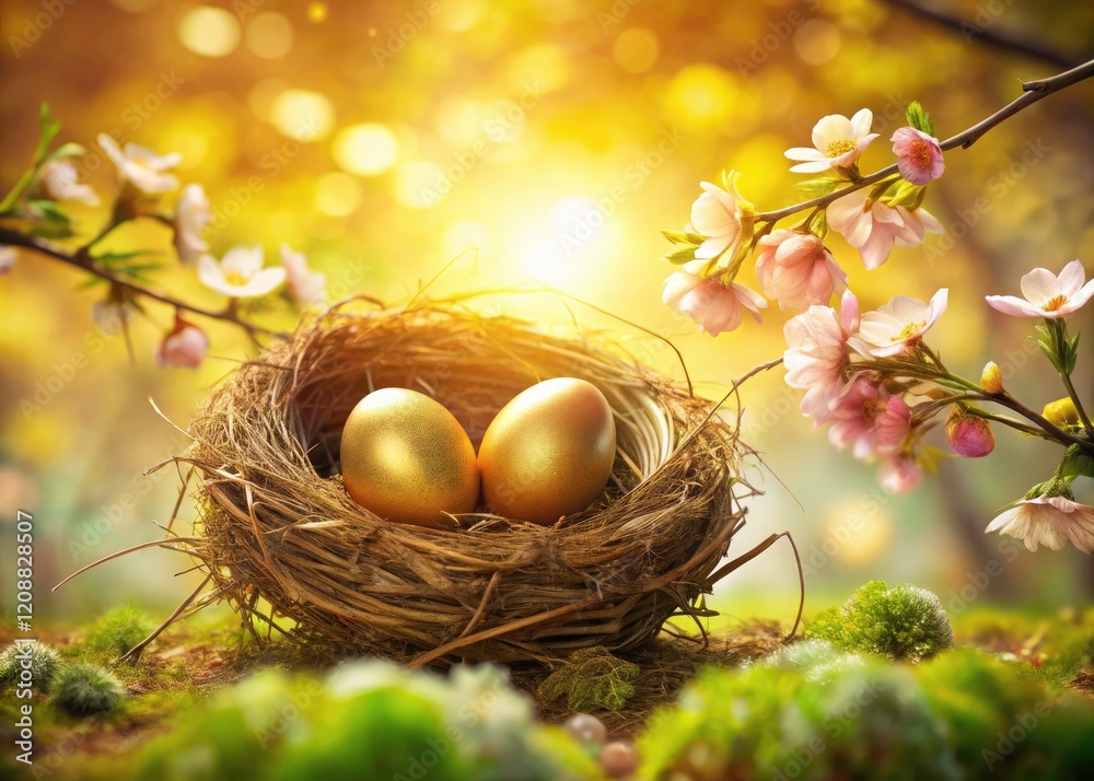 Obraz premium Double exposure magic: shimmering golden Easter eggs cradled in a vibrant floral nest.