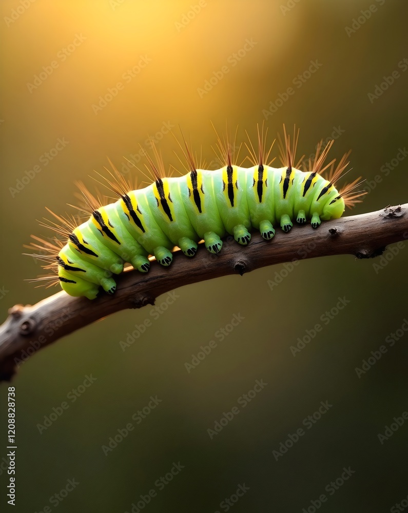 Green Caterpillar with Black Stripes Crawling on Branch, Golden Sunset Light Green Caterpillar with Black Stripes Crawling on Branch, Golden Sunset Light