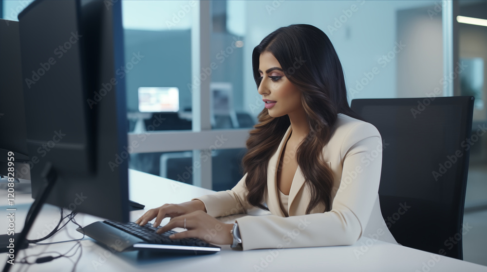 Hispanic Woman in Modern Office Using Keyboard and Video Call Hispanic Woman in Modern Office Using Keyboard and Video Call