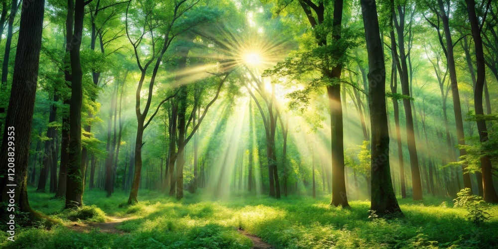 Fototapeta premium A serene forest background with sunlight filtering through the trees, nature, trees, foliage, green, peaceful, tranquil