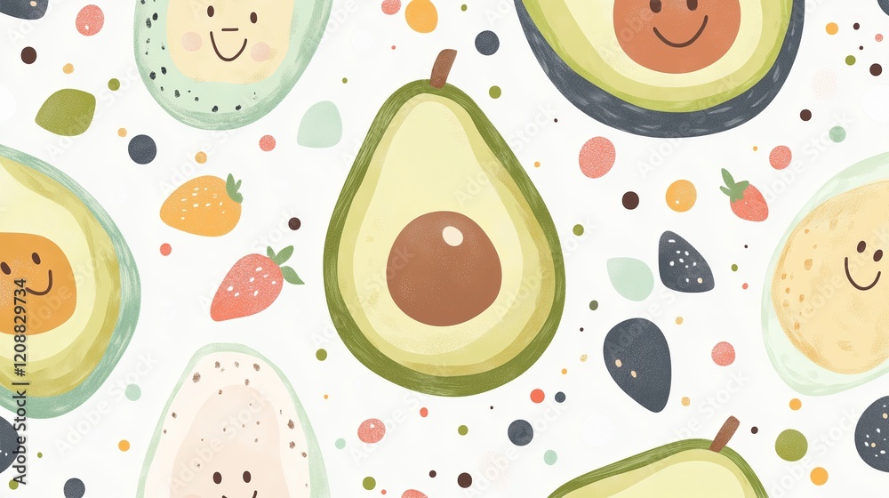 Isolated on a white background with no shadows on the edges, avocados modern geometric shapes, buttons clipart, with smiles, kids illustration style Isolated on a white background with no shadows on the edges, avocados modern geometric shapes, buttons clipart, with smiles, kids illustration style