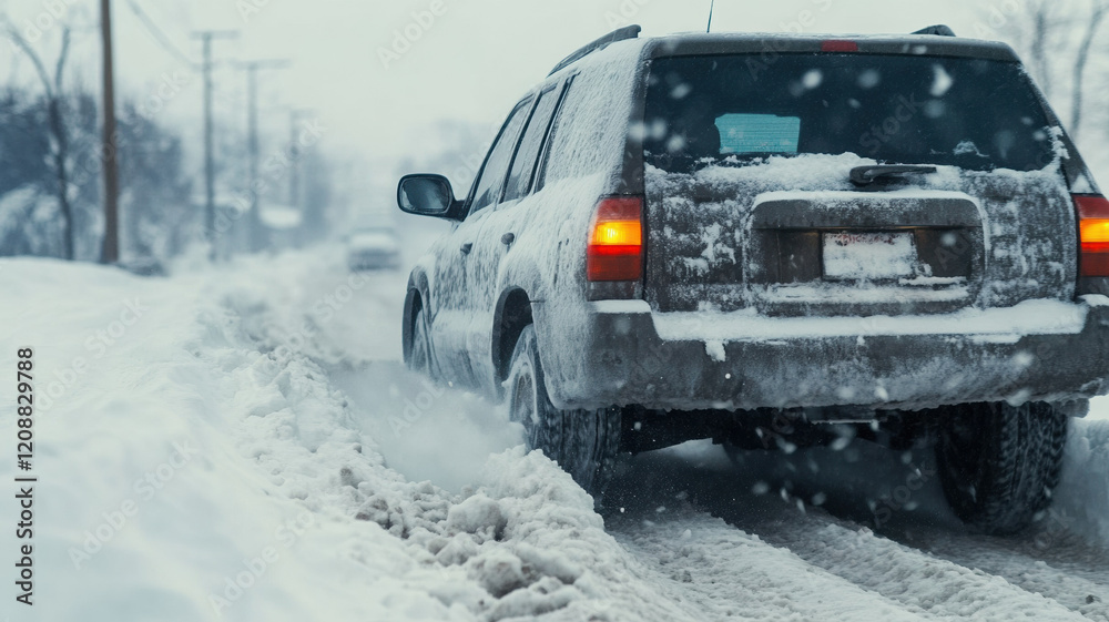 SUV skidding through snowbank on snowy road SUV skidding through snowbank on snowy road